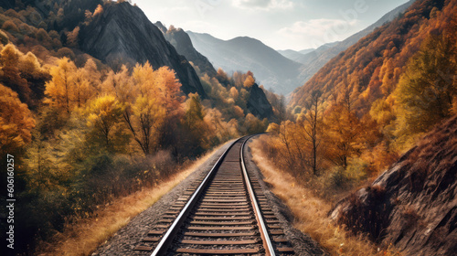 A Railroad Track Leading to The Distance in a Mountain Forest Valley