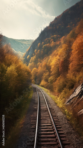 A Railroad Track Leading to The Distance in a Mountain Forest Valley