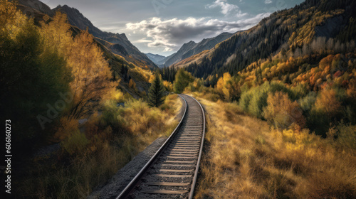 A Railroad Track Leading to The Distance in a Mountain Forest Valley