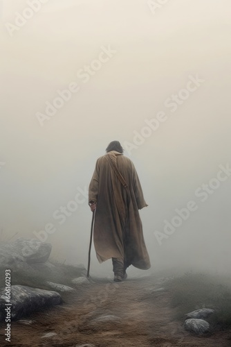 Fotografie, Obraz lone prophet man walking down a dirt road. rear view. cloaked.