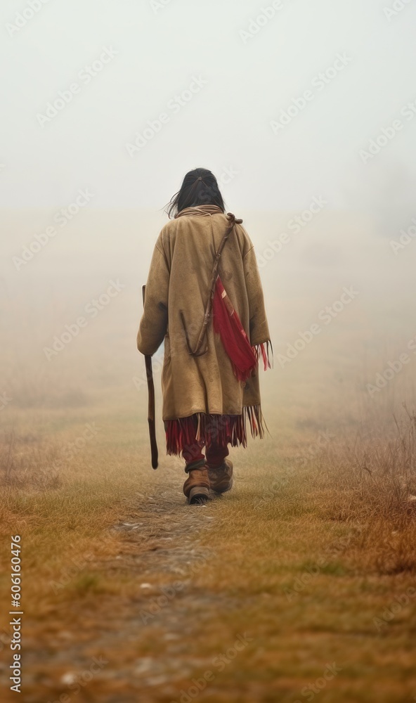 native american woman holding a rod and walking down a misty rural landscape.