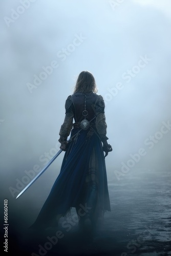 woman holding a sword. medieval knight. fantasy medieval woman back view holding a weapon.