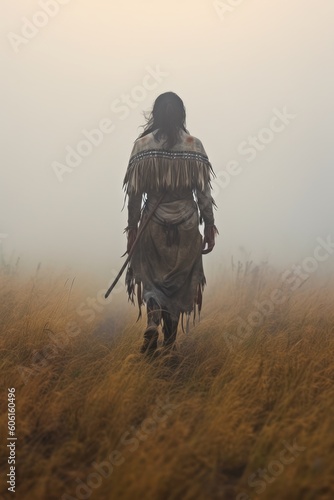 native american woman. rear view of a Indian woman walking away. Native American queen princess.