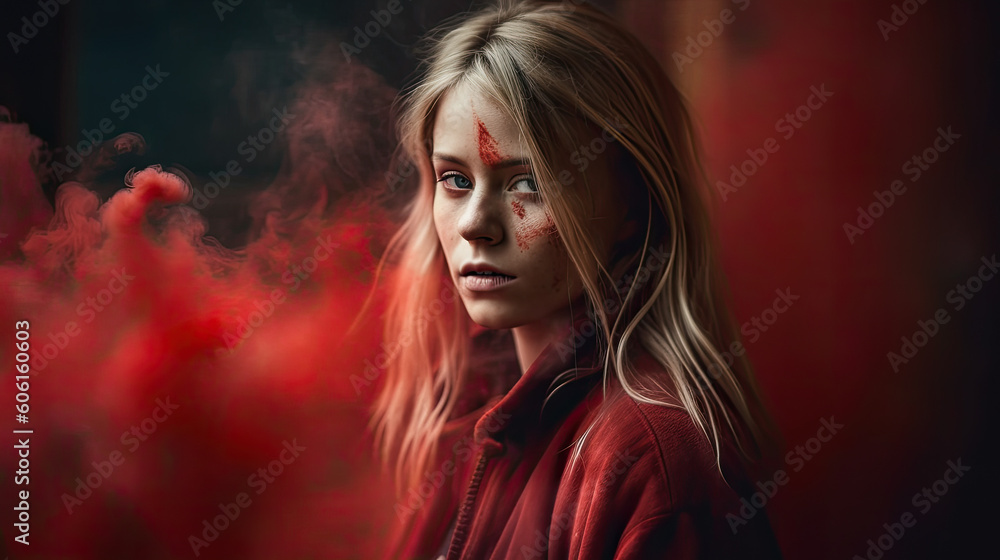 portrait of a woman with red fog created with Generative AI technology portrait of a woman with red fog created with Generative AI technology