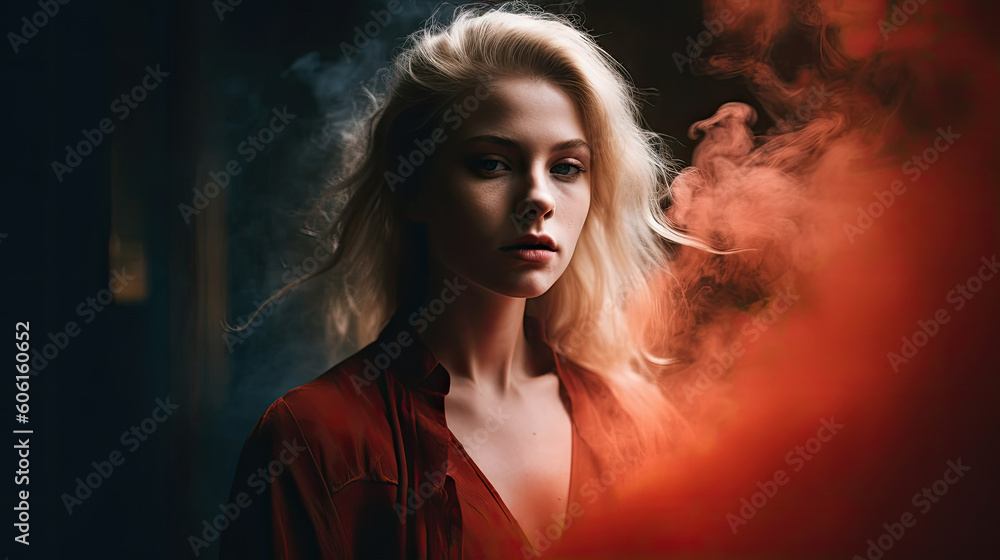 portrait of a woman with red fog created with Generative AI technology portrait of a woman with red fog created with Generative AI technology
