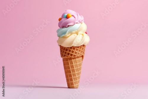Ice cream cone on pastel background, sweet desert waffle and cream