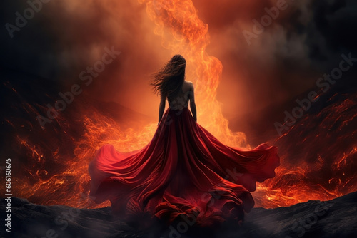 rear view of a pretty long black hair woman and wring a long red fantasy dress. walking into the flames,. lava, volcano, fire, embers, glowing.