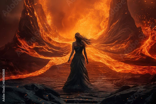 woman with long dark dress walking into the fire.