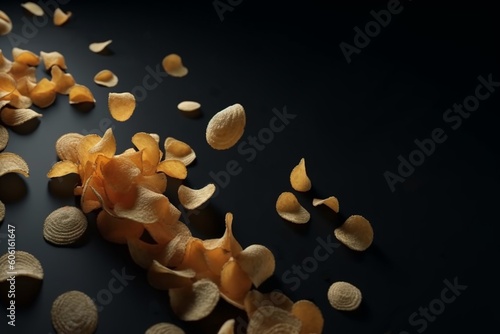 Potato chips fried on black background, top view, copy space. AI generated