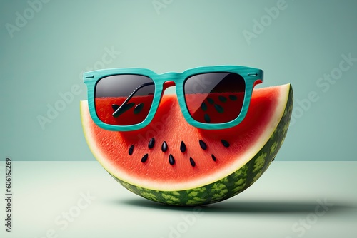 Fototapeta When on vacation, take it easy. A creative watermelon wearing sunglasses on a bright background. Generative AI