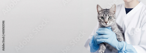 veterinary banner with Grey striped Cat on hands veterinarian doctor in veterinary clinic , copyspace, generative ai. photo