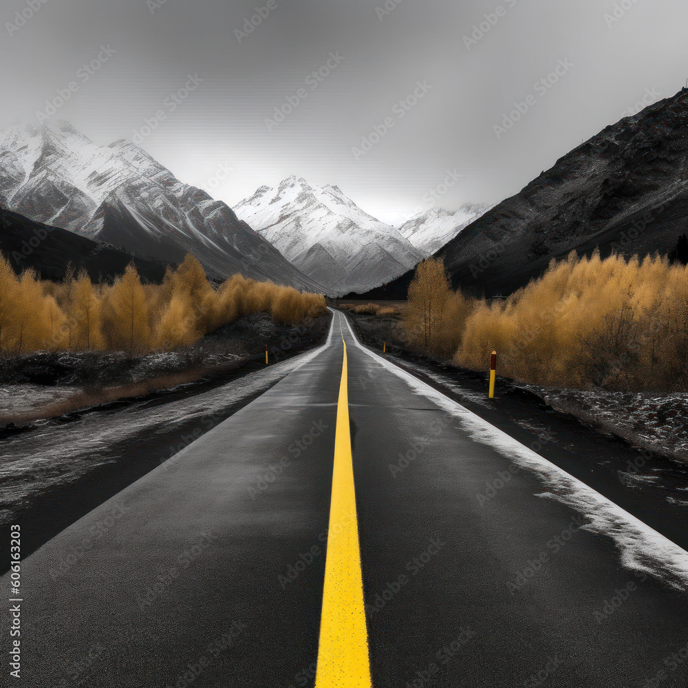 Naklejka premium A Black Asphalt Road Leading In To The Mountains During Winter