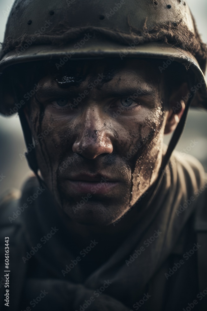 Realism and Tension: Close-up of Soldier in War. Generative AI.