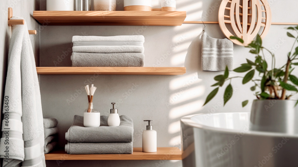 A stack of gray and white striped towels on a wooden shelf in a minimalist bathroom with concrete floors scandinavian style A stack of gray and white striped towels on a wooden shelf in a minimalist bathroom with concrete floors scandinavian style