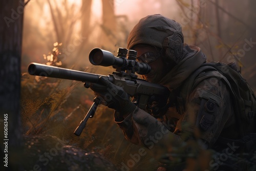 Stealth and Precision: Sniper Soldier Aiming. Generative AI.