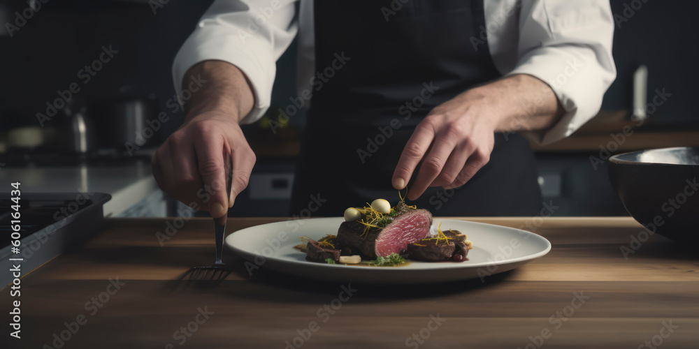 Culinary Masterpiece: Professional Chef Plating Sliced, Seared Venison in a Gourmet Kitchen. AI Genereted Culinary Masterpiece: Professional Chef Plating Sliced, Seared Venison in a Gourmet Kitchen. AI Genereted