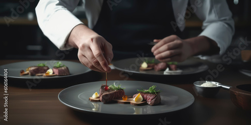 Culinary Masterpiece: Professional Chef Plating Sliced, Seared Venison in a Gourmet Kitchen. AI Genereted