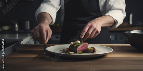 Culinary Masterpiece: Professional Chef Plating Sliced, Seared Venison in a Gourmet Kitchen. AI Genereted