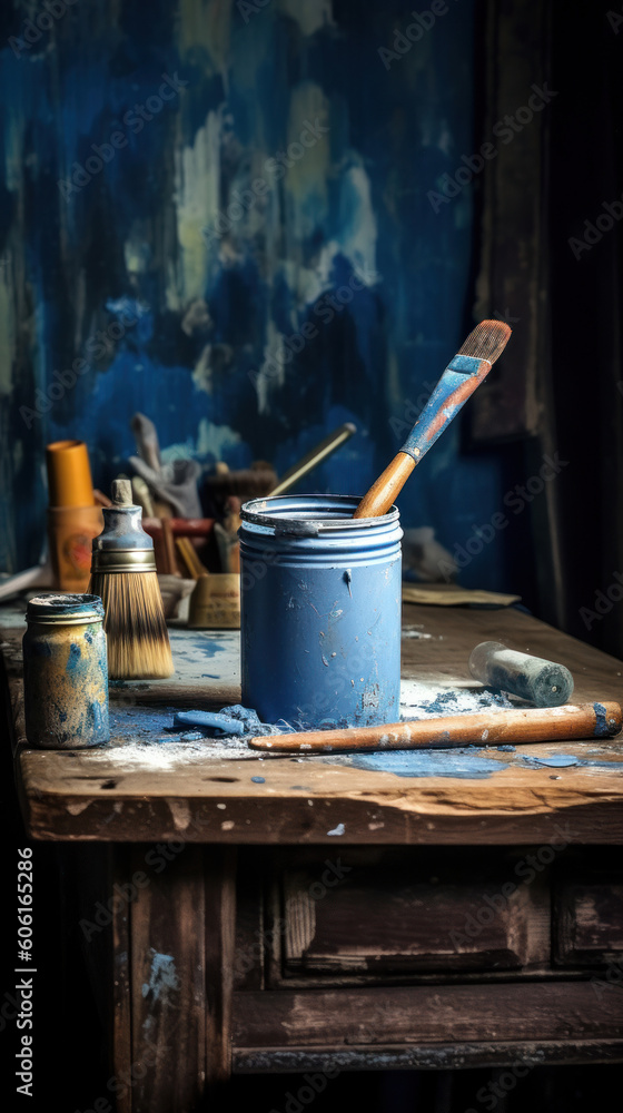 A Can of Blue Paint and Brush for DIY Project A Can of Blue Paint and Brush for DIY Project