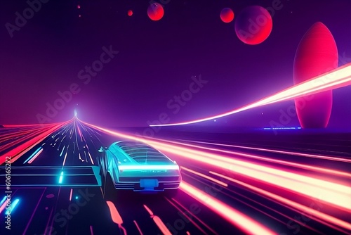 A vibrant and futuristic image showcasing a neon-lit vehicle traversing through a mesmerizing space landscape, creating an otherworldly and captivating scene.
