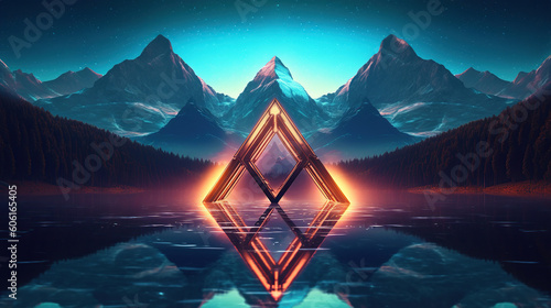 abstract virtual landscape with blue rocks and mountains. Surreal wallpaper  fantastic background with triangular portal. Ai Generative