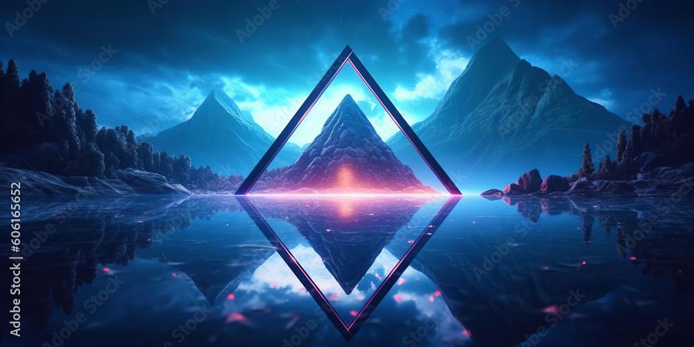 abstract virtual landscape with blue rocks and mountains. Surreal wallpaper, fantastic background with triangular portal. Ai Generative