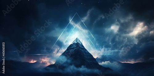 abstract virtual landscape with blue rocks and mountains. Surreal wallpaper, fantastic background with triangular portal. Ai Generative