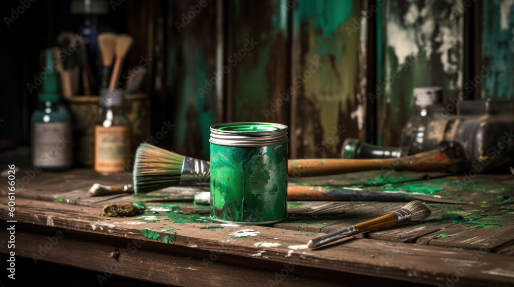 A Can of Green Paint and Brush for DIY Project A Can of Green Paint and Brush for DIY Project