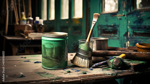 A Can of Green Paint and Brush for DIY Project