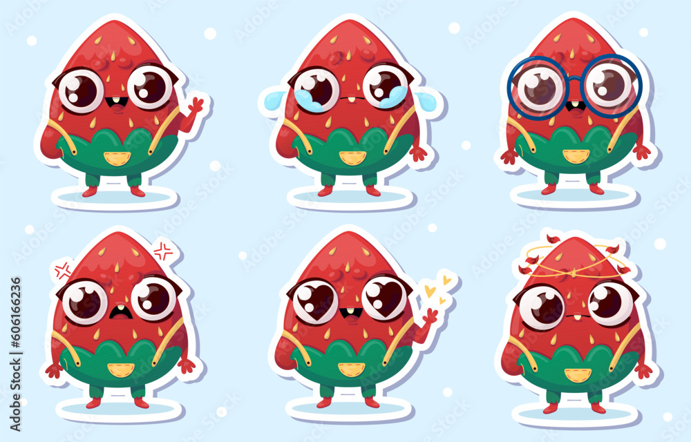 Vector illustration of strawberry character stickers with various cute expression,cool,funny,set of strawberry isolated Vector illustration of strawberry character stickers with various cute expression,cool,funny,set of strawberry isolated