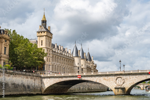 Pont au Change bridge and The Conciergerie from the Seine  in Paris  France