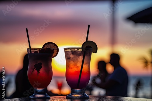 Two cocktail drinks with blur beach party people and colorful sunset sky in the background. Luxury outdoor leisure, soothing and beautiful hues, and hazy partygoers on a summer night. Generative AI