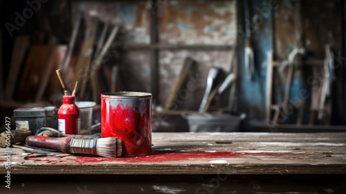 A Can of Red Paint and Brush for DIY Project