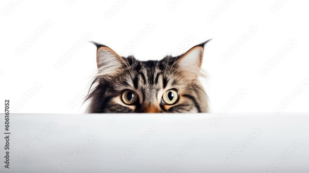 portrait of a peeking cat head. Maine coon cat peeking out. Copy Space. Generative AI portrait of a peeking cat head. Maine coon cat peeking out. Copy Space. Generative AI