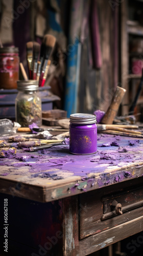 A Can of Purple Paint and Brush for DIY Project