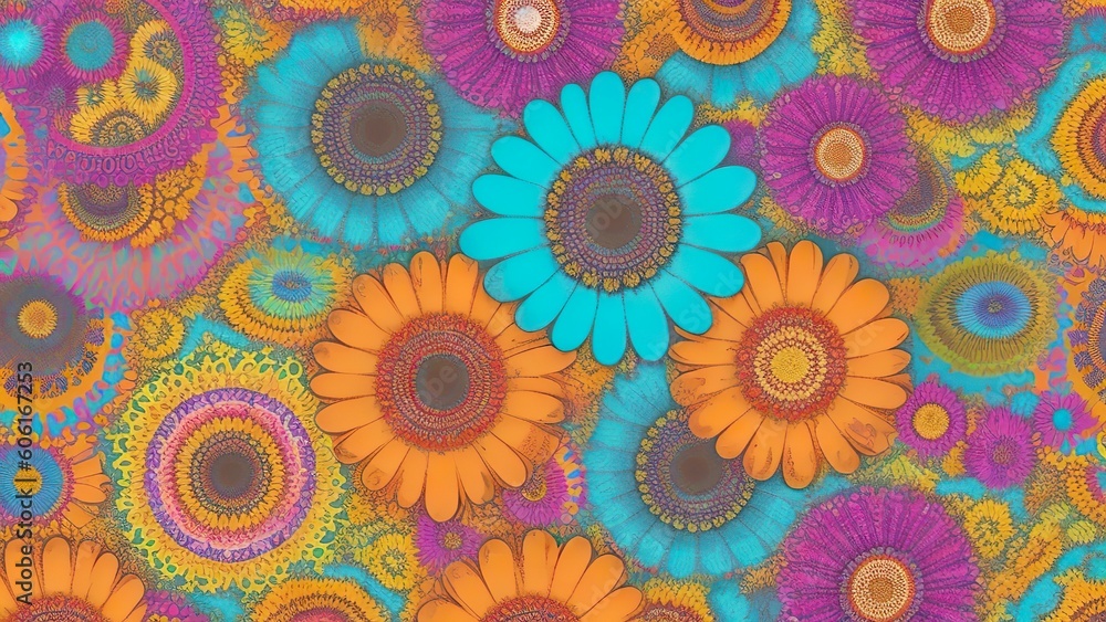 A colorful floral pattern with orange and blue flowers.