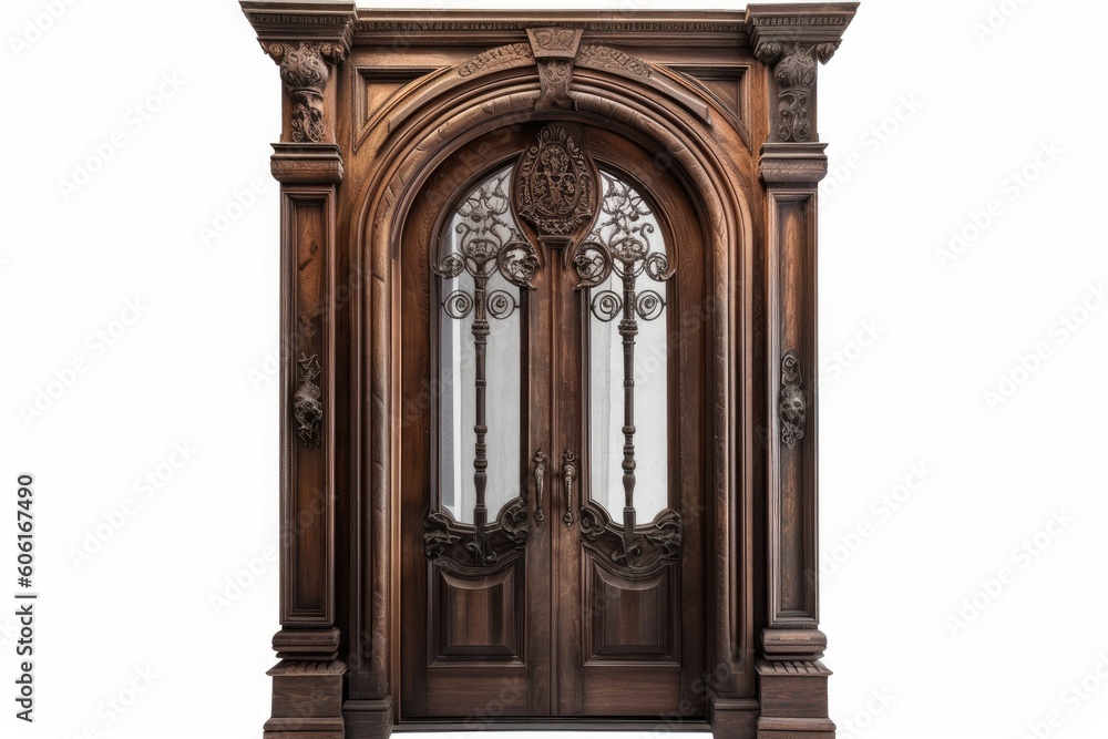 Gothic wooden door model in isolation on a white background. piece of design with a clipping path. Generative AI Gothic wooden door model in isolation on a white background. piece of design with a clipping path. Generative AI