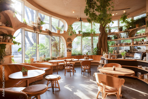 Bright and cozy sunlit interior of a modern café with wooden interior and indoor trees. 
