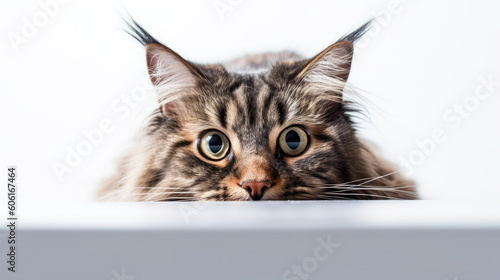 portrait of a peeking cat head. Maine coon cat peeking out. Copy Space. Generative AI © zamuruev