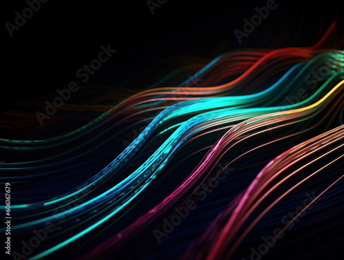 Neon lights wavy lines on dark background Created with Generative AI technology.