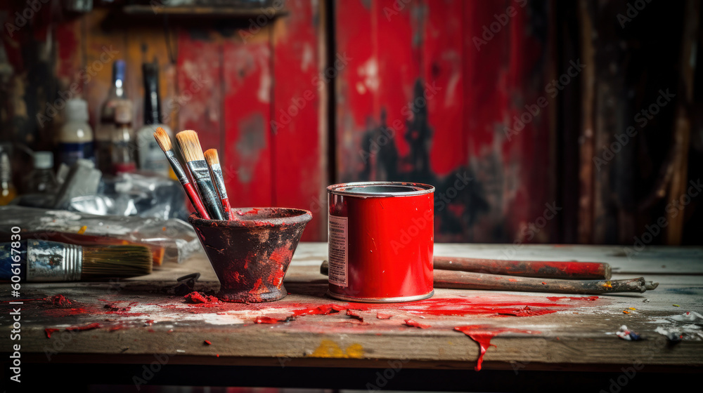 A Can of Vibrant Red Paint and Brush for DIY Project A Can of Vibrant Red Paint and Brush for DIY Project