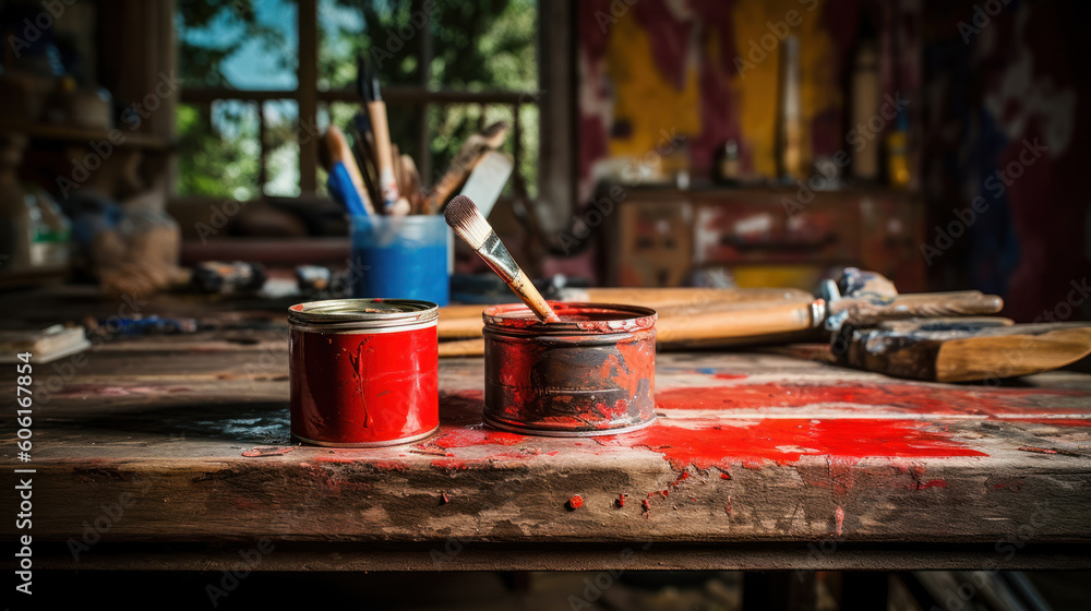 A Can of Vibrant Red Paint and Brush for DIY Project A Can of Vibrant Red Paint and Brush for DIY Project