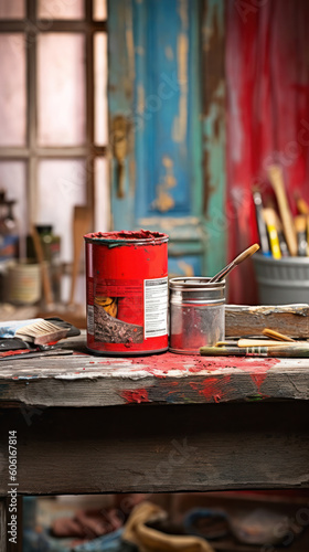 A Can of Vibrant Red Paint and Brush for DIY Project