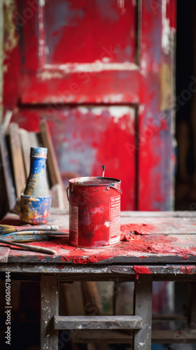A Can of Vibrant Red Paint and Brush for DIY Project