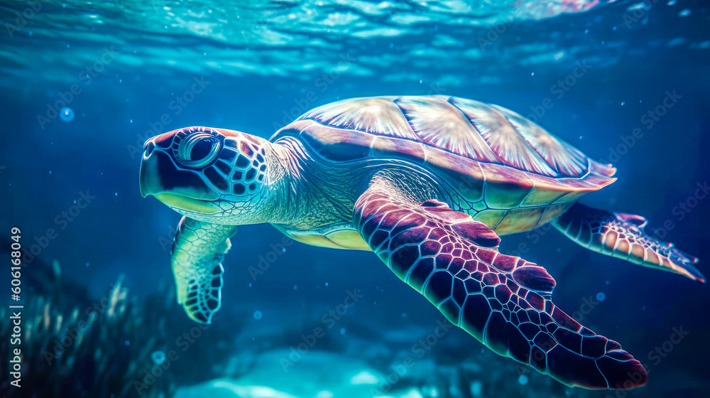 Fototapeta premium Underwater world. Corals. Turtle. Depth. image for 3d floor. Dive into the underwater world. Ai generated