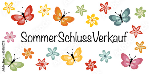 Sommerschlussverkauf - Schriftzug in deutscher Sprache. Verkaufsbanner mit bunten Schmetterlingen und Blüten. photo