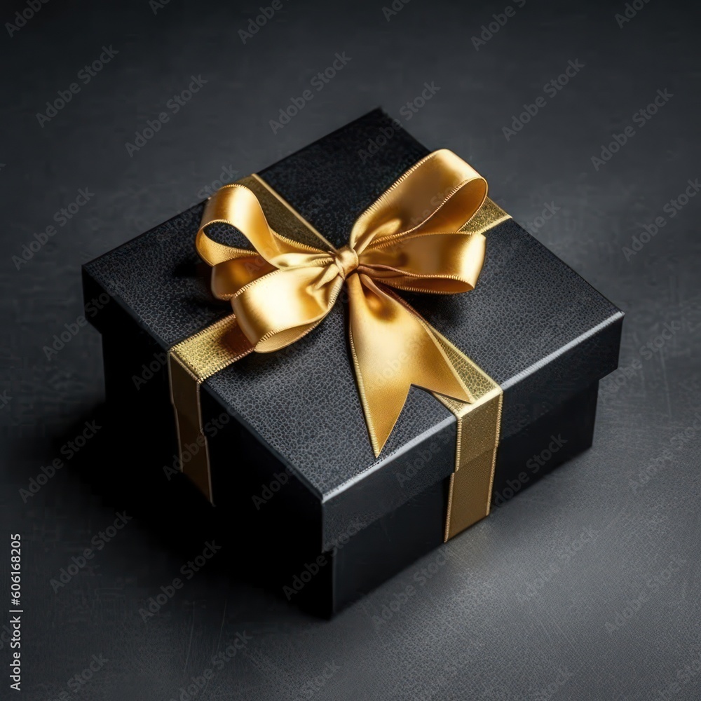 Shiny golden ribbon and bow on gift box . Generative AI Shiny golden ribbon and bow on gift box . Generative AI