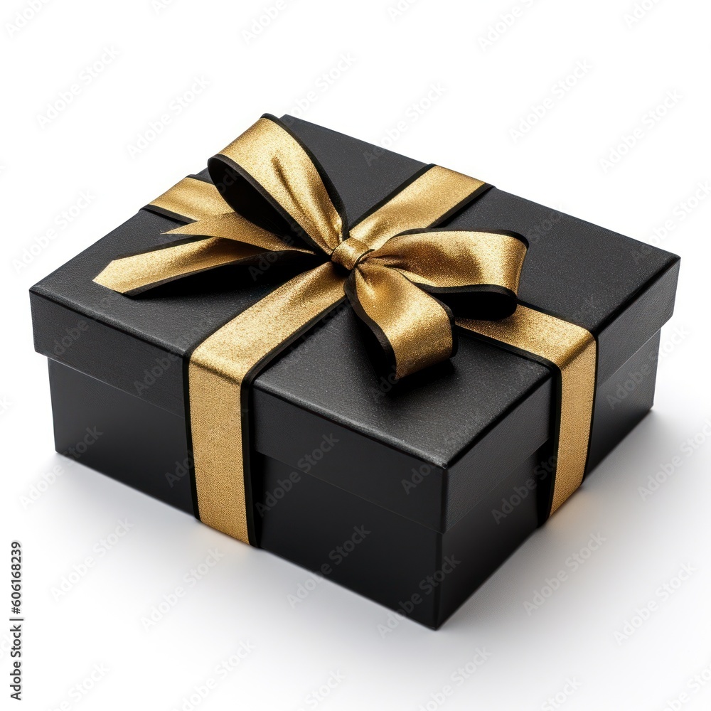 Fototapeta premium Shiny golden ribbon and bow on gift box . Generative AI