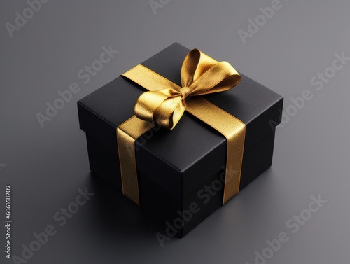 Shiny golden ribbon and bow on gift box . Generative AI