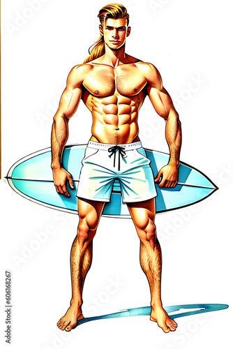 Illustration of young surfer in shorts